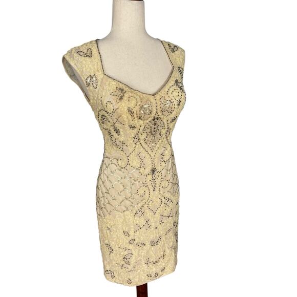 Sue Wong Nocturne 2015 Cream Ribbon Flower Beaded Cocktail Dress Size 4 NWT - Picture 3 of 15